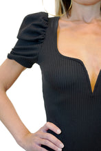 Load image into Gallery viewer, Stylish solid color v-neck puffed sleeve button stretch fit slim sexy bodysuit - black