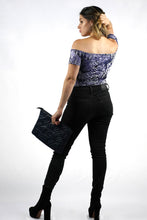 Load image into Gallery viewer, Navy Snake Print Off Shoulder Bodysuit