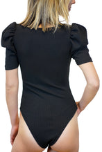 Load image into Gallery viewer, Stylish solid color v-neck puffed sleeve button stretch fit slim sexy bodysuit - black