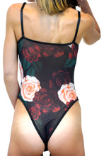 Load image into Gallery viewer, Stylish mesh see through rose flowers batch printing sexy bodysuit