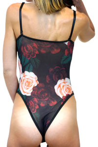 Stylish mesh see through rose flowers batch printing sexy bodysuit