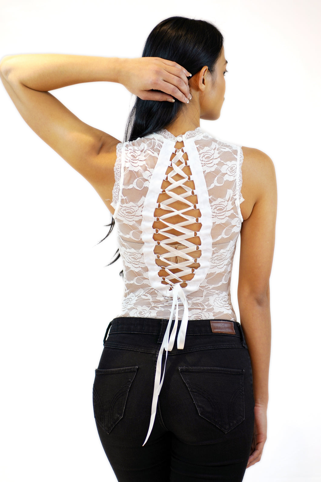 Tie Up Back Floral Lace Bodysuit